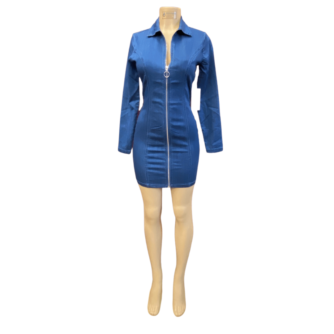 Full Zip Up Denim Bodycon Dress Long Sleeve 6 Pack (S-M-L, 2-2-2)