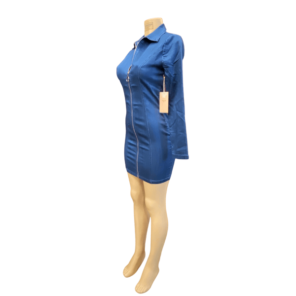 Full Zip Up Denim Bodycon Dress Long Sleeve 6 Pack (S-M-L, 2-2-2)