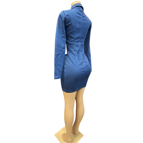 Full Zip Up Denim Bodycon Dress Long Sleeve 6 Pack (S-M-L, 2-2-2)