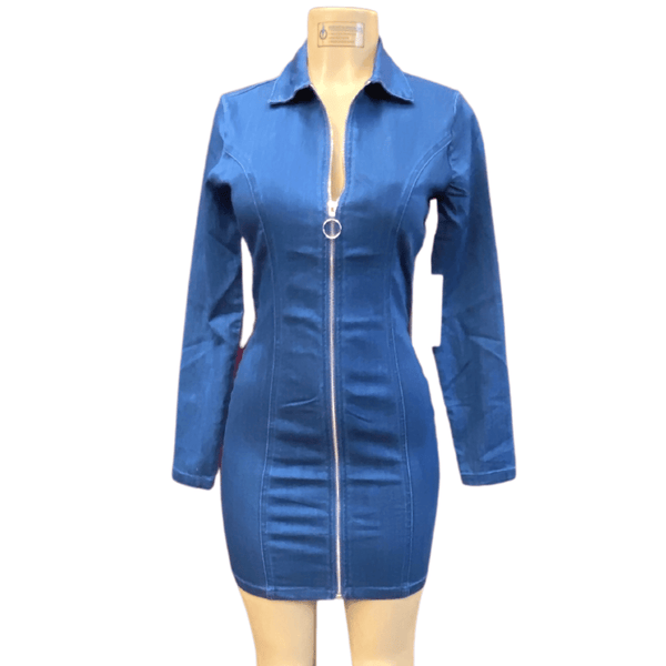 Full Zip Up Denim Bodycon Dress Long Sleeve 6 Pack (S-M-L, 2-2-2)