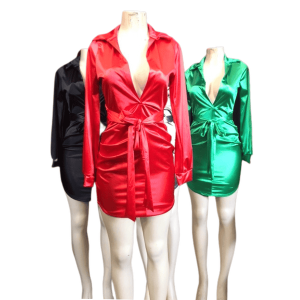 Shiny Belted V Neck Party Dress 3 Pack Per Color (Size: S-M-L, 1-1-1)