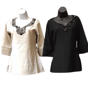Branded 3/4 Sleeve Beaded Neck Top  6 Pack Per Color (Size: XS-S-M-L-XL, 1-1-2-1-1)