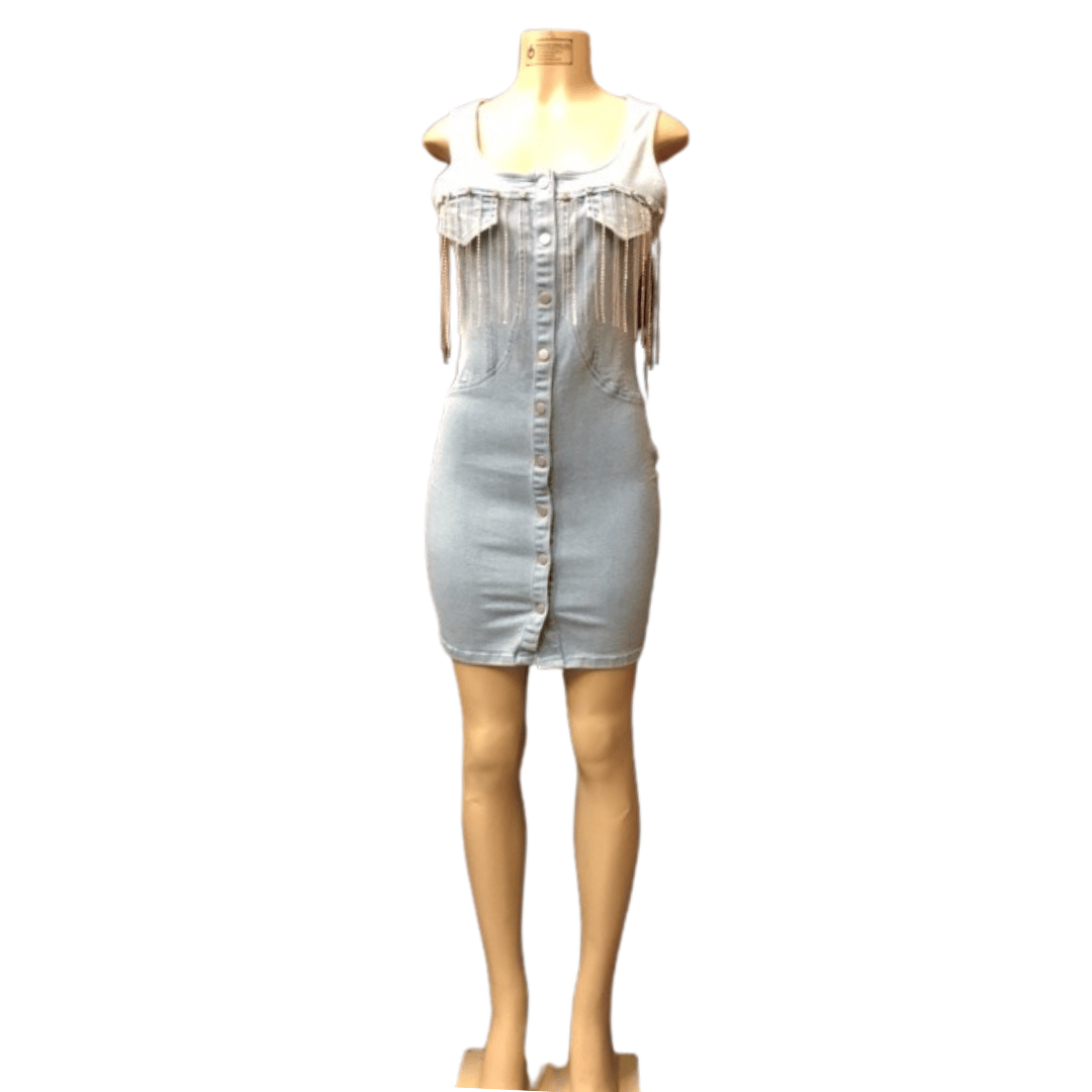 Denim Dress With Stone Tassel 6 Pack Per Color (Size: S-M-L,  2-2-2)