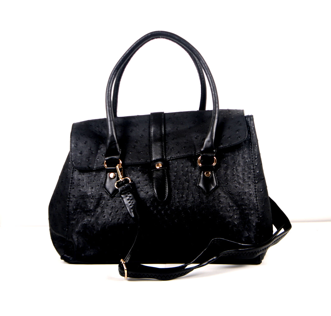 Tomiya Flap Faux Ostrich Leather Handbag Black
