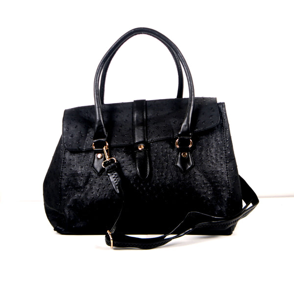Tomiya Flap Faux Ostrich Leather Handbag Black