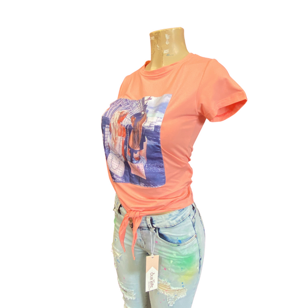 Boutique Style Tie Front Patch Picture Top 6 Pack Per Color (Size: S-M-L-XL, 1-2-2-1)