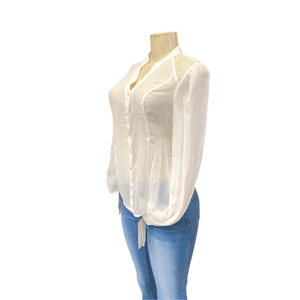 Shear Lace Front Banded Collar Cinched Back Tops 5 pack Off-White Color (Size: XS-S-M-L-XL, 1-1-1-1-1)